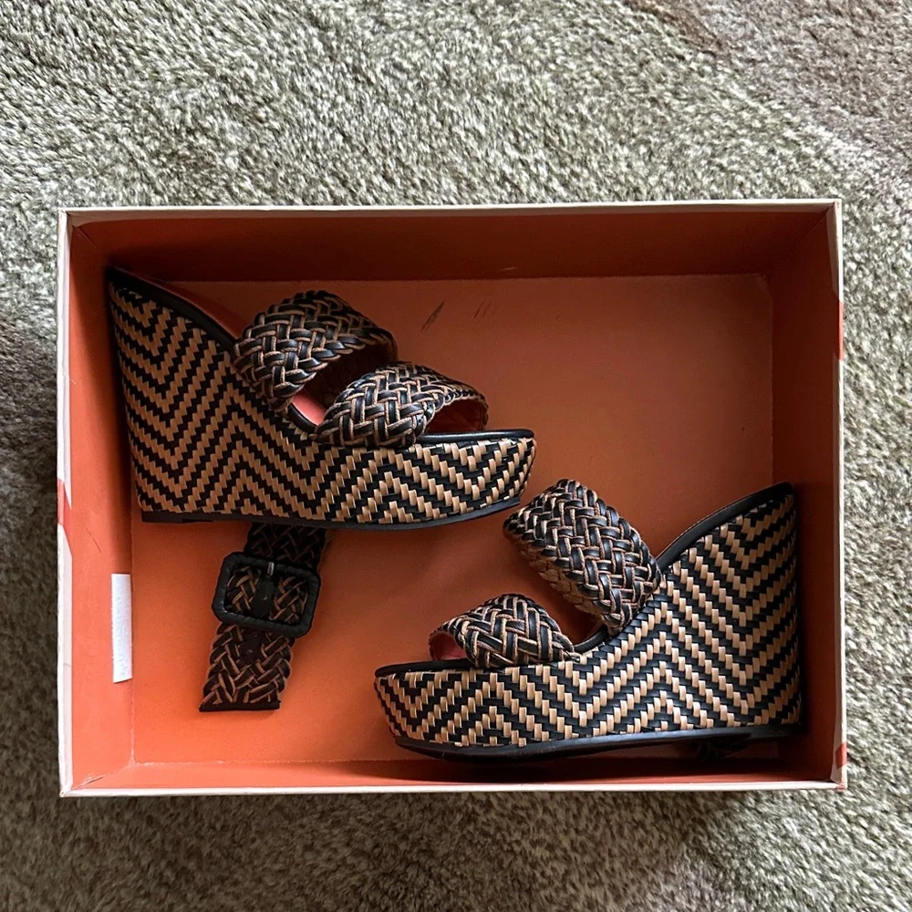 Via Spiga Woven Platform Sandals - Black and Brown - Picture 1 of 2